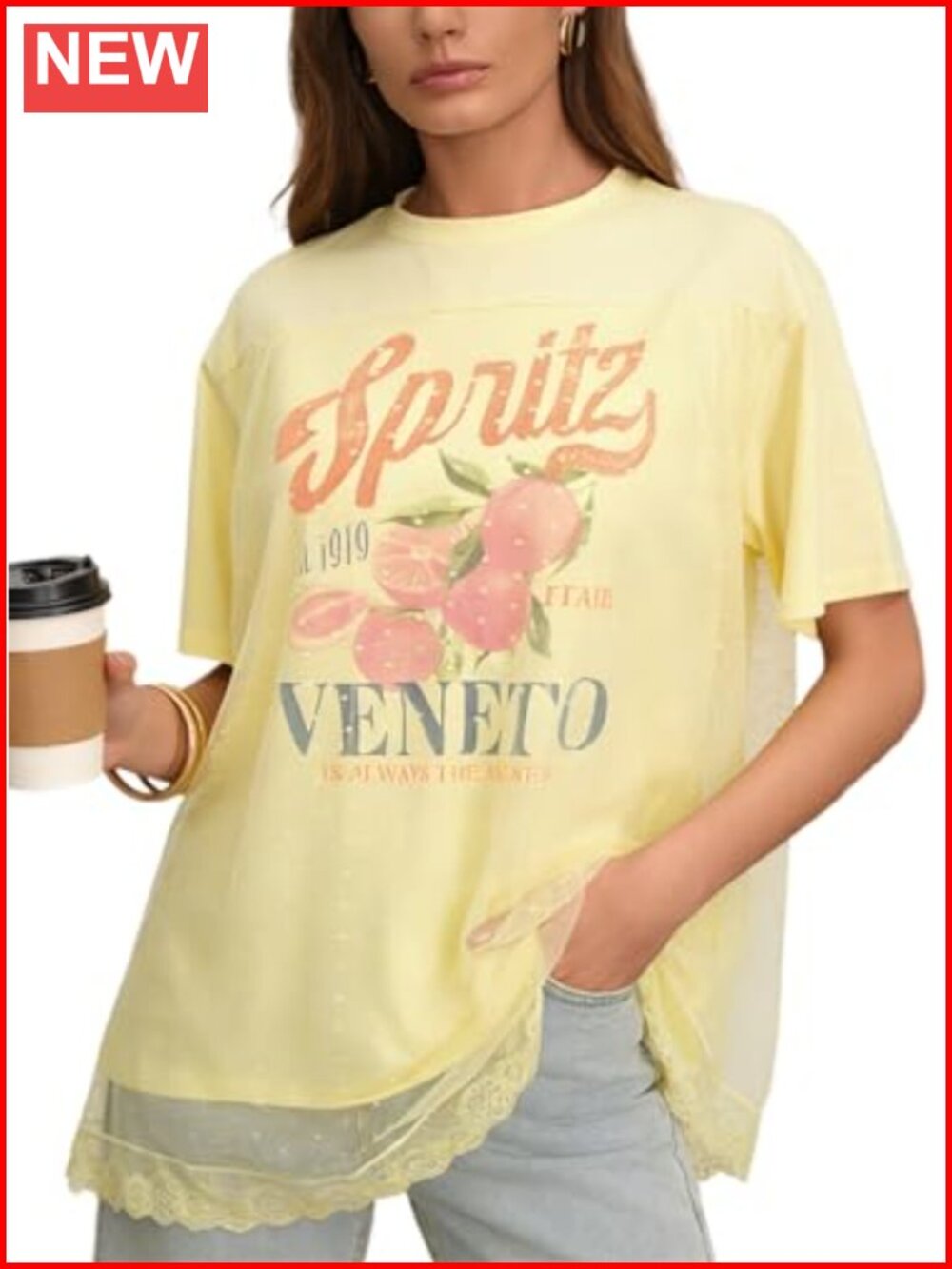 Oversized Graphic T-Shirt with Swiss Dot Tulle Lace Trim